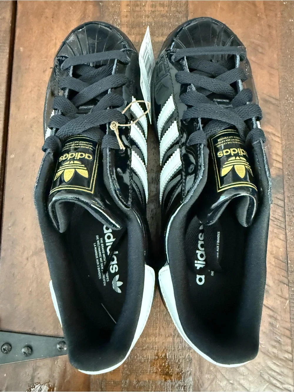 adidas Kids Black and White Patent Shell-Toe Sneakers with Gold Logo